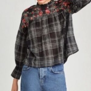 🦋 NEW ZARA BLACK PLAID FLORAL BABYDOLL TOP SZ SM